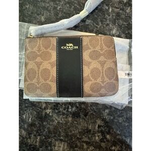 Coach Wallet Wristlet Corner Zip In Signature Canvas Mini C Khaki Black New